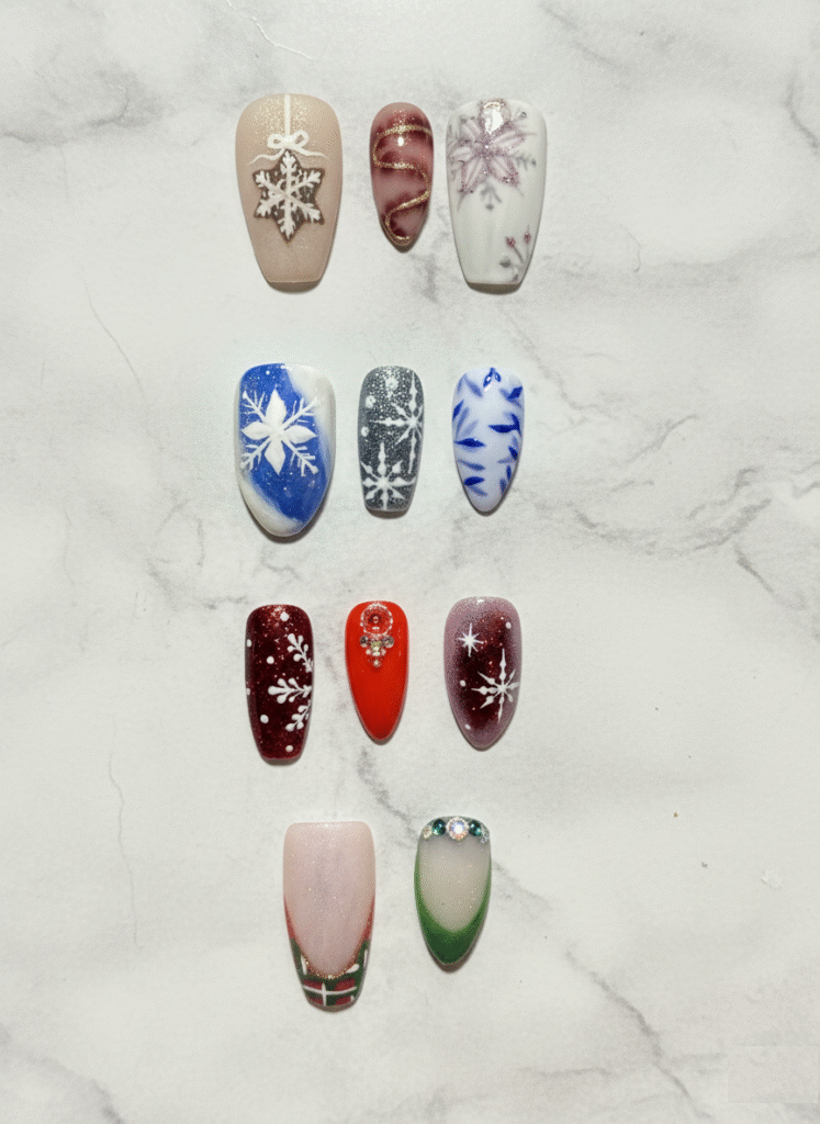 Ongles gel hiver – blanc neige et bleu glacé – L’Éclat de Lulu Guignen

Nail art hiver – paillettes givrées et tons froids – Guignen 35580

Manucure hivernale chic – gel bleu argenté – Nail Designer

Capsules gel hiver – motifs flocons et givre – L’Éclat de Lulu

Ongles gel bleu & blanc – création hiver élégante

Nail art hiver 2025 – manucure fine et scintillante