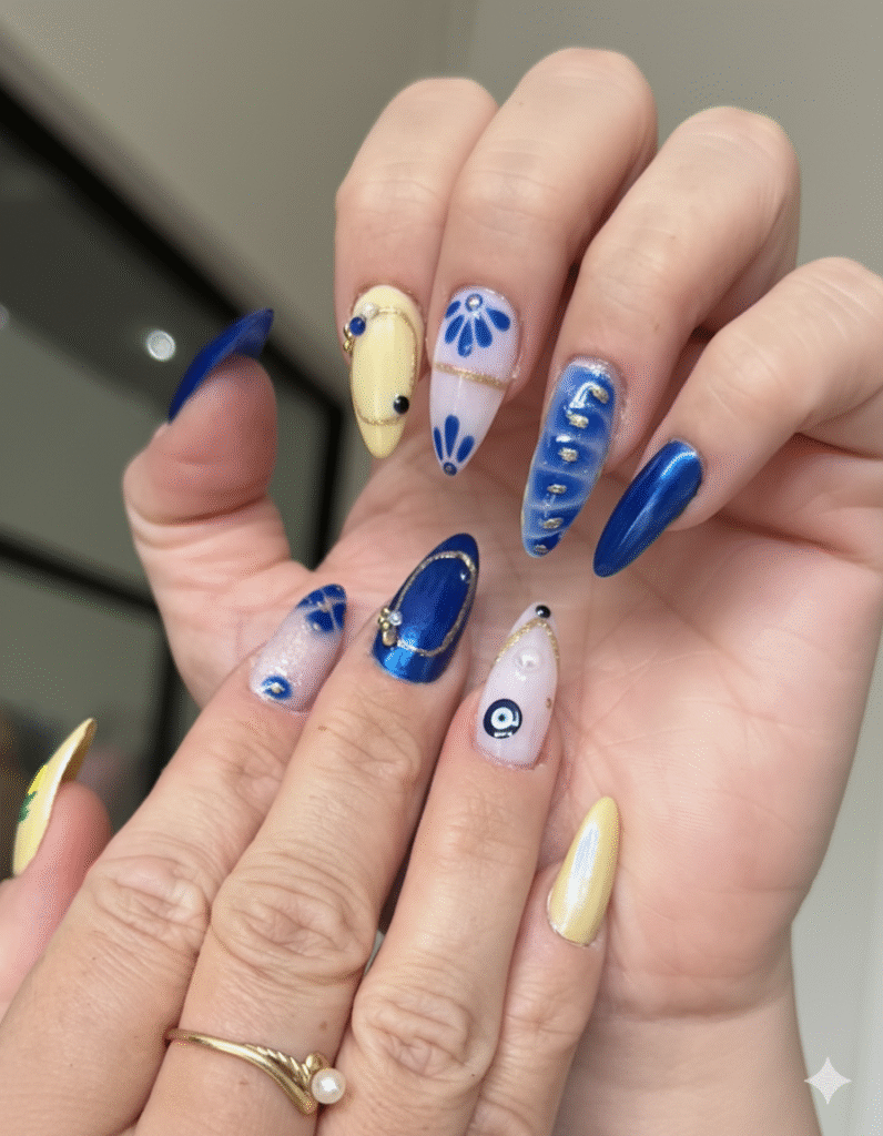 Ongles gel bleu et nude avec nail art œil porte-bonheur – création L’Éclat de Lulu à Guignen.