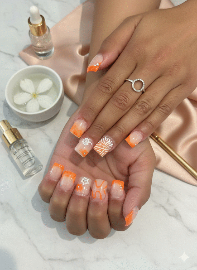 Pose de gel carrée orange avec nail art fleurs et détails dorés – manucure lumineuse à Guignen 35580.
