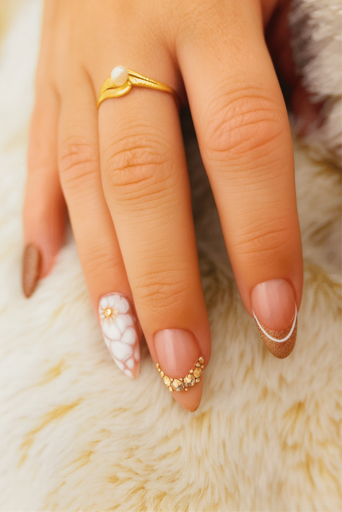 Manucure nude et blanche avec touches dorées et perles – ongles élégants réalisés par L’Éclat de Lulu.