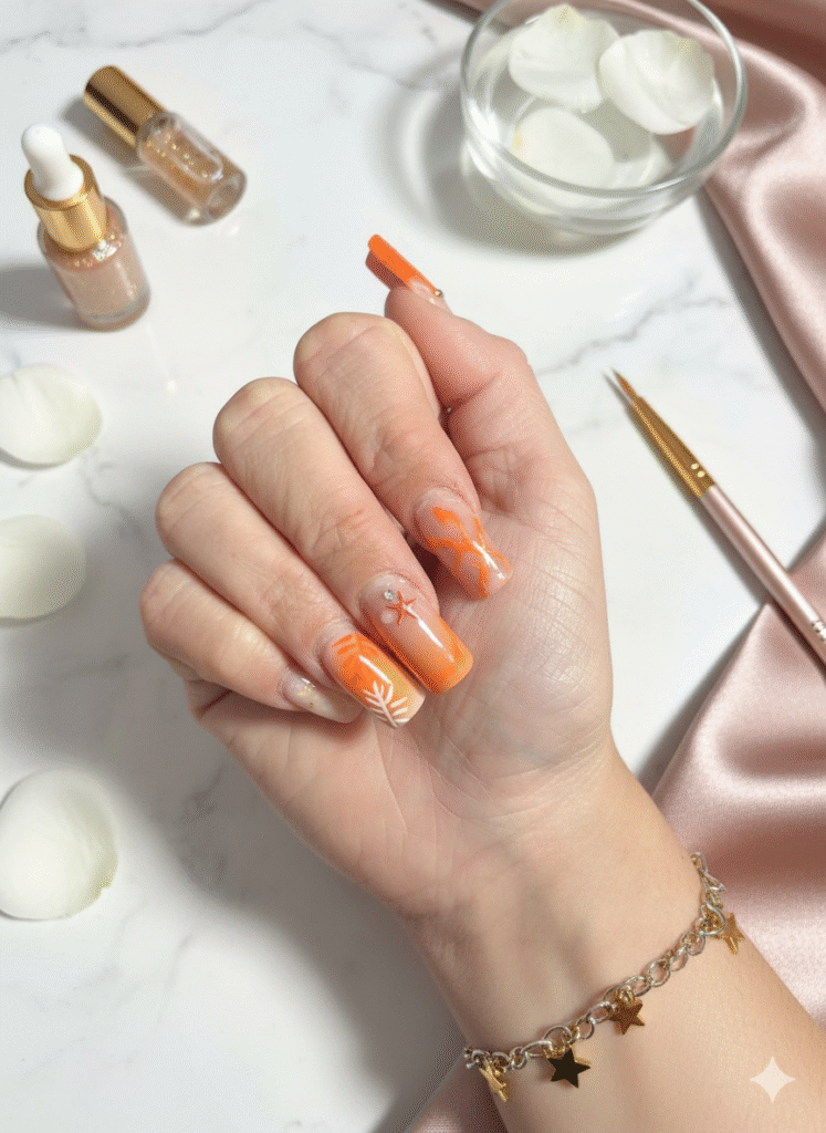Pose de gel orange vif avec nail art minimaliste – manucure dynamique L’Éclat de Lulu.