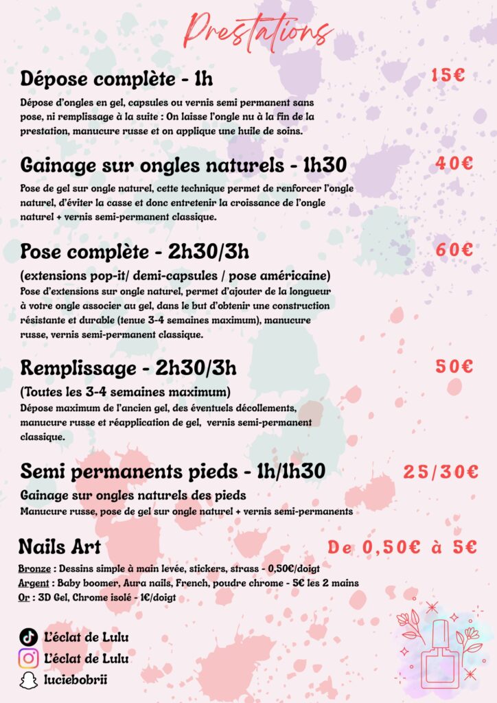 Tarifs prothésiste ongulaire à Guignen – Dépose, pose de gel, gainage, remplissage, semi-permanent pieds et nail art. Liste des prestations et prix de L'Éclat de Lulu (Lucie Bobry).