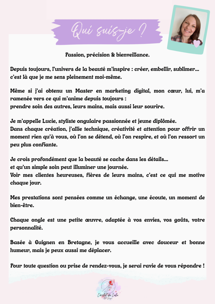 Portrait de Lucie Bobry, prothésiste ongulaire à Guignen (35580), styliste ongulaire diplômée spécialisée en poses de gel, gainage, nail art et beauté des mains.